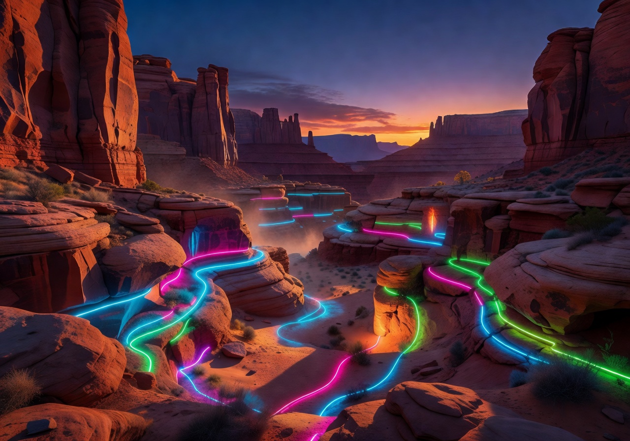 Cinematic wild west desert canyon at dusk with glowing neon accents