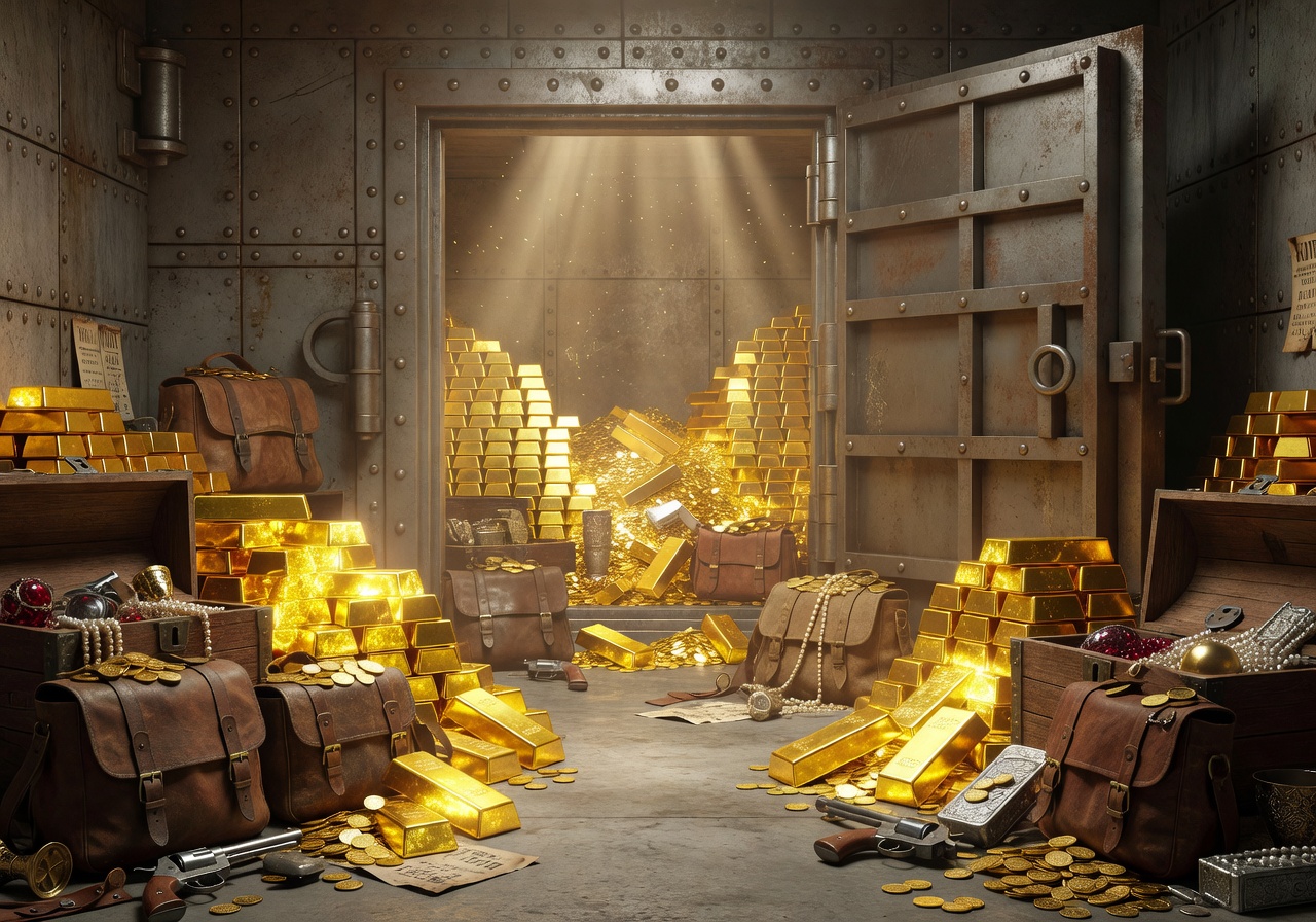 A bank vault filled with glowing gold bars and outlaw treasure