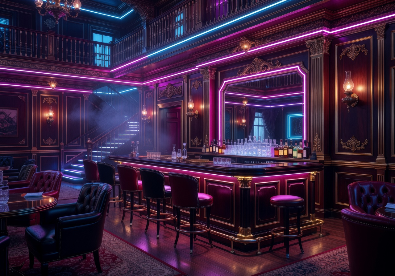 Luxurious wild west saloon interior lit by modern neon lights
