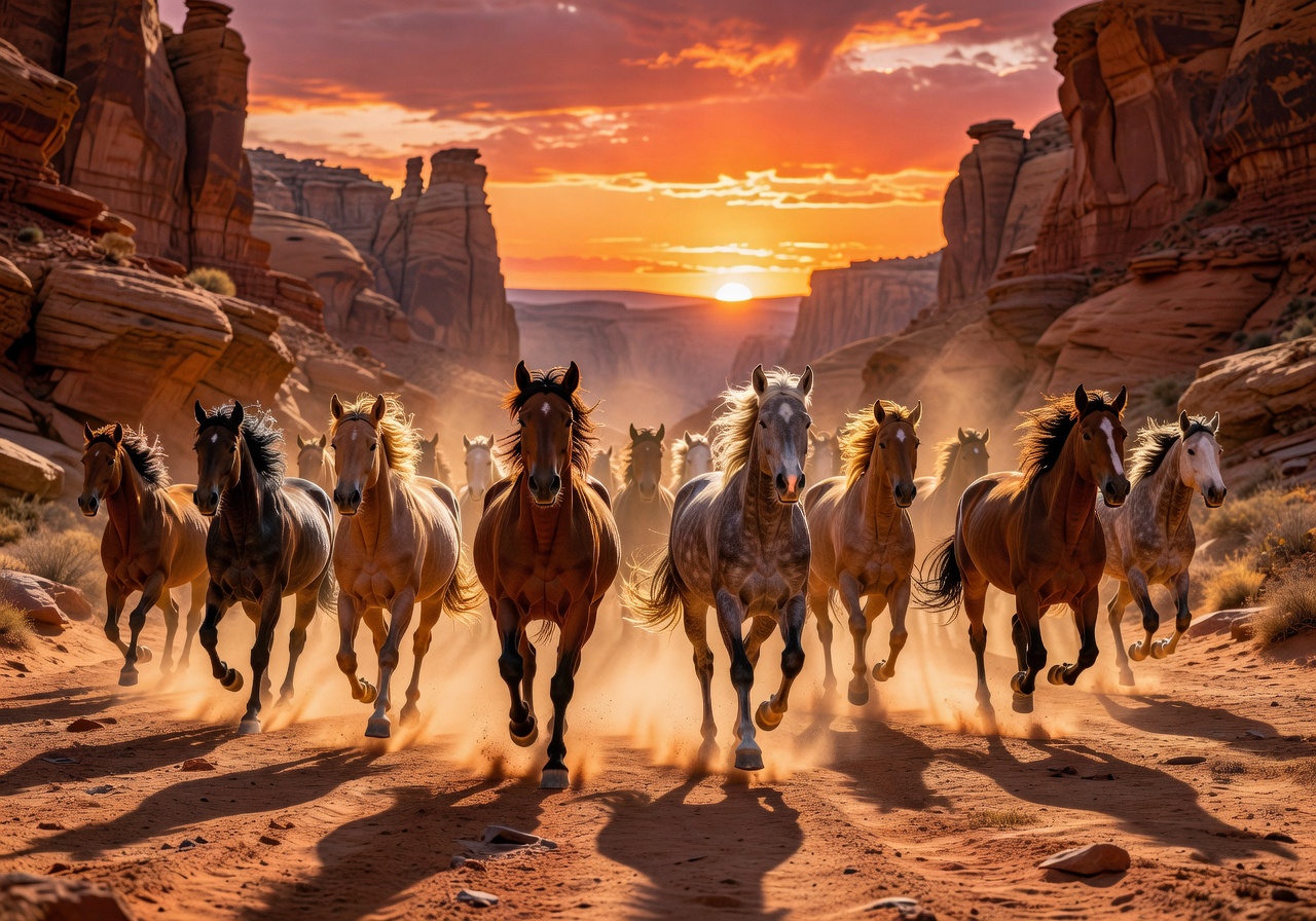 Wild mustang horses running through a desert canyon at sunset