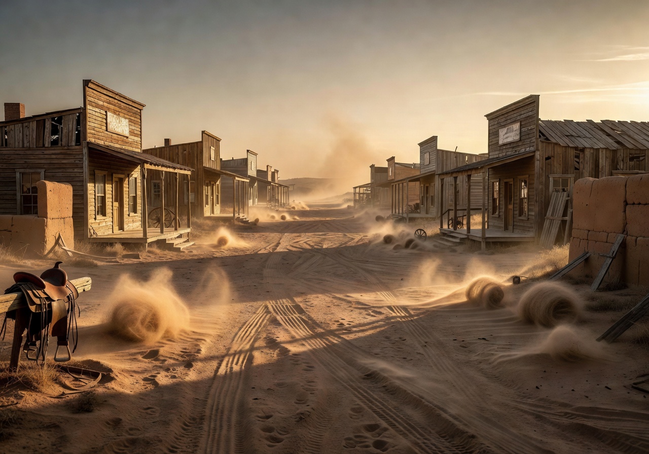 A cinematic view of a dusty wild west town
